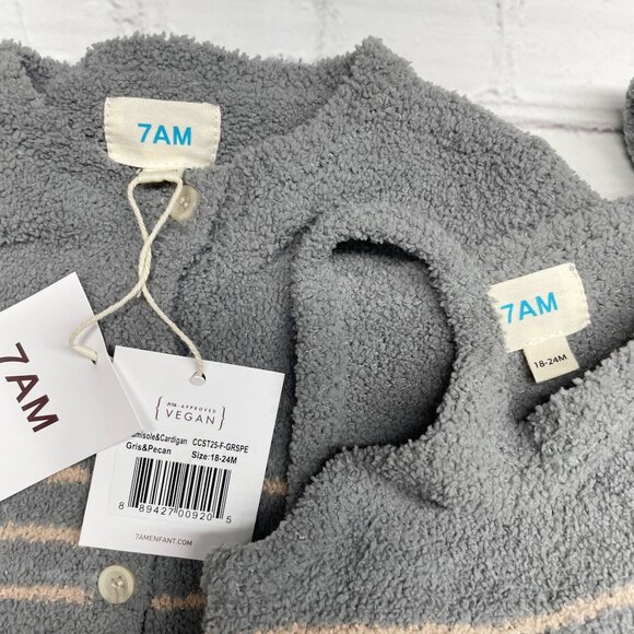 NEW 7AM Enfant Camisole + Cardigan Toddler 18-24 mos Gris & Pecan Striped Button - Picture 5 of 6